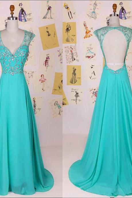 Sexy Turquoise Prom Dresses Chiffon Backless Stones Beaded Formal Gowns, Party Dresses, Evening Dresses 2017,women Dresses,party Dresses