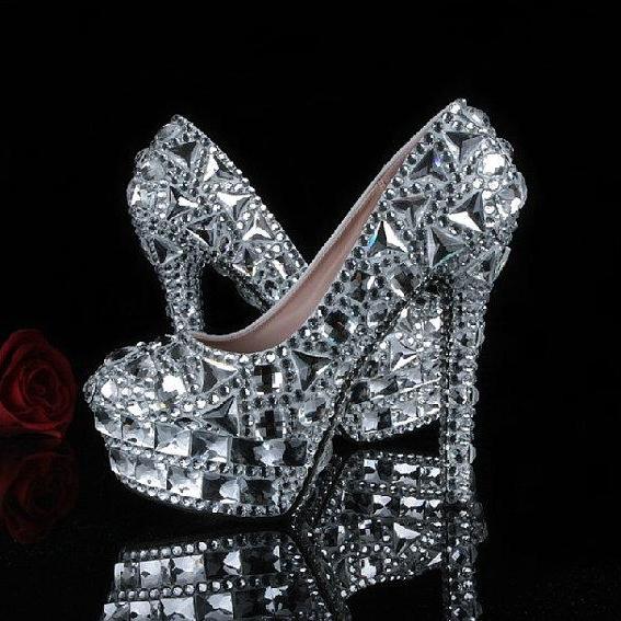 Fashion Silver Rhinestone Wedding Party Prom Shoes Luxury Full Crystal ...