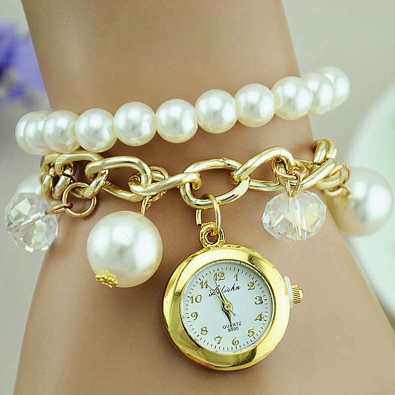 Pearl Rhinestone Bracelet Wrist Watch, Fashion Electronic Faux Pearl Rhinestone Women Watch on