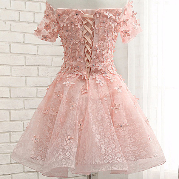 Pink Off The Shoulder Short Sleeve Floral Lace Homecoming Dress With ...
