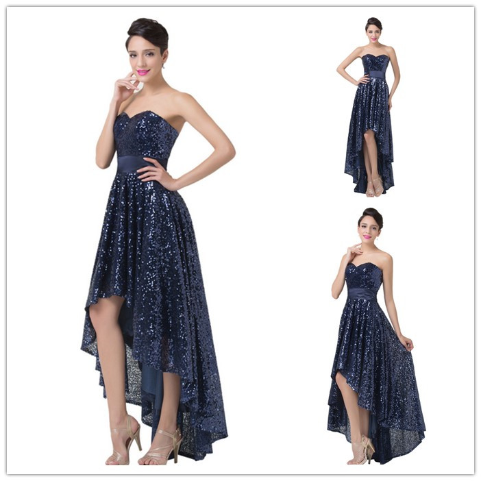 Navy Blue Sequin Prom Dress ,2017 New Asymmetrical Sequin