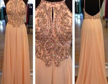 Gorgeous Scalloped Neckline Sleeveless Strong Beaded/Crystal Chiffon Long Prom Dresses 2015 A-Line Cheap Evening Gowns Backless